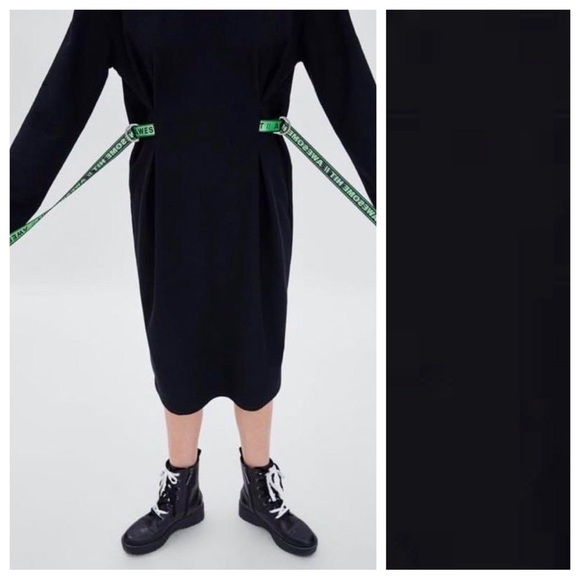 NWT Black Midi Dress with Green Buckle Strap. Size M. - Picture 3 of 9